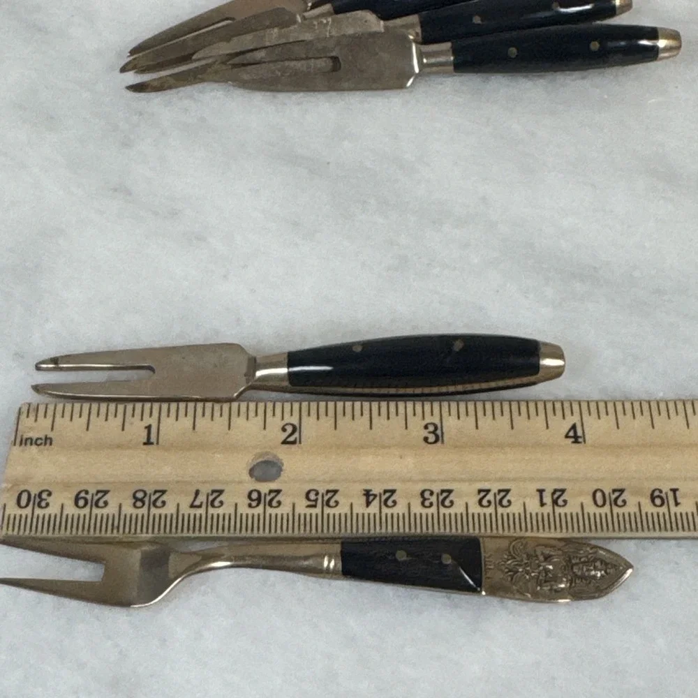 Vintage - SET of 6- Thailand BRASS & TEAKWOOD - Cocktail FORKS - 1960's